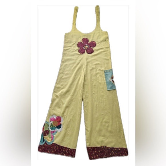 Boho Mustard Linen Jumpsuit S/M | Handmade Floral Patch Wide Leg Hippie Overall - Picture 14 of 15